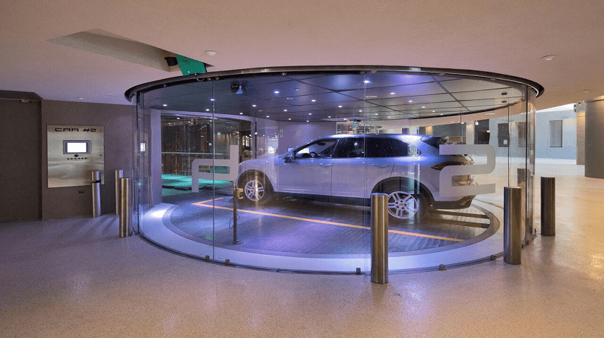 Glass car elevator in the Porsche Design Tower