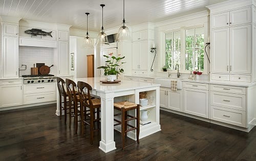 Kitchen with bright white cabinets.