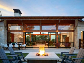 Outdoor patio with table firepit.