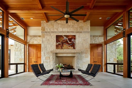 Great room with limestone fireplace.
