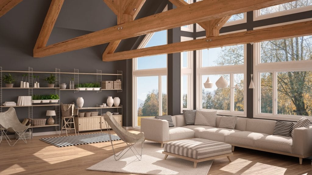 Living room of luxury eco house, parquet floor and wooden roof trusses, panoramic window on autumn meadow, modern white and gray interior design