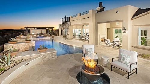 Outdoor space with pool, fire pit.