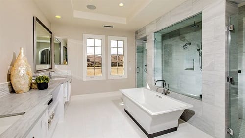 Master bath featuring a freestanding tub in front of glass shower.