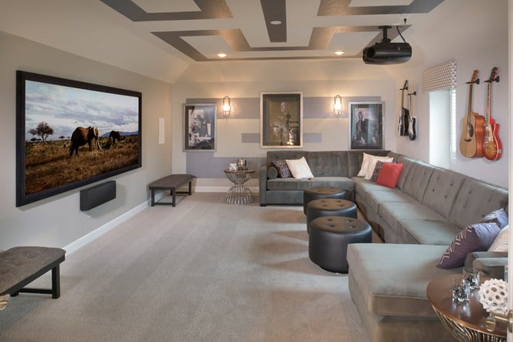 Home theater with long sectional gray couch