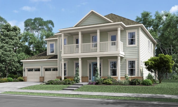 Rendering of white Colonial style home.