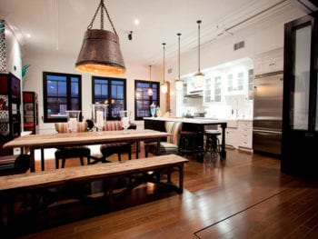 Kitchen with industrial pendant lights.
