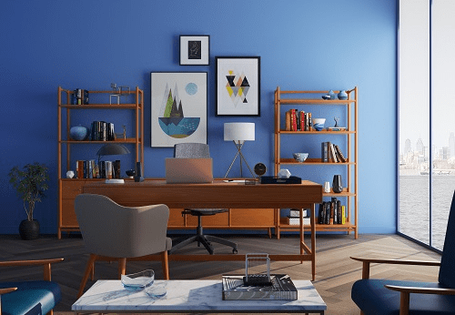 Home office in a blue room.