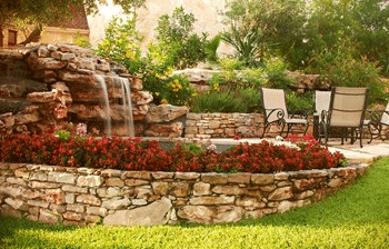 Landscape patio with water feature.