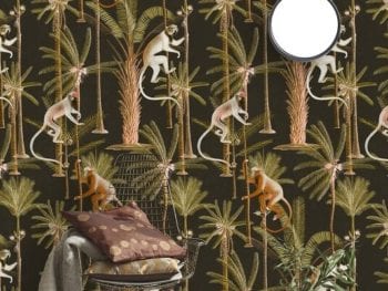 Wallpaper with palm trees and monkeys.