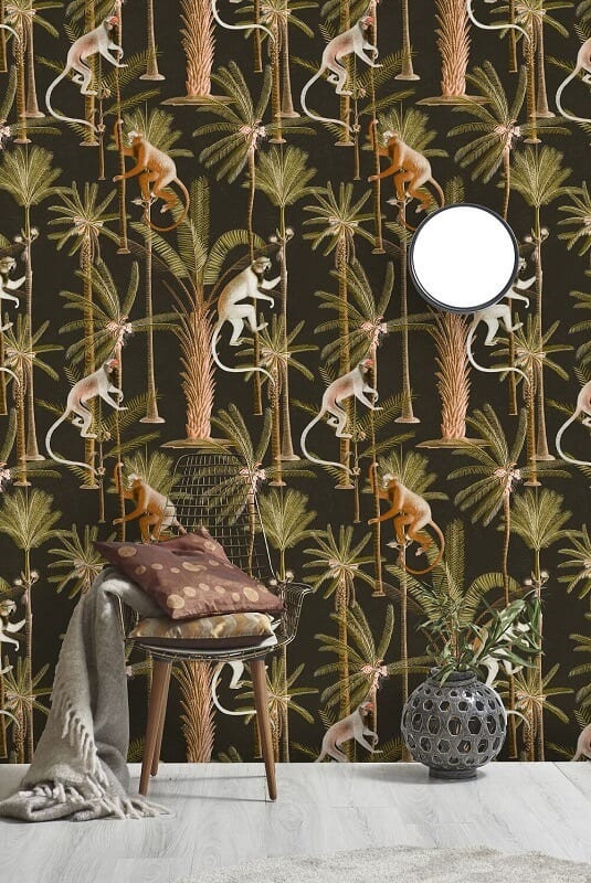 Wallpaper with palm trees and monkeys.