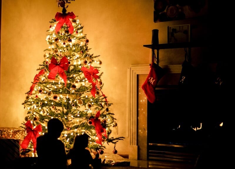Silhouette of children in front of Christmas tree.